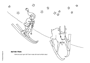 Rästel-Adventskalender-Ausmalbild: Knut und Kaja auf der Skipiste